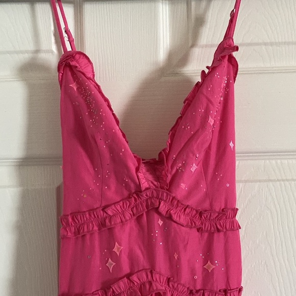 Custom Sequin Plunging Neck Mini Dress Ruffle Pink S - Picture 7 of 7